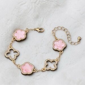 Pink & Gold Pave Clover Station Adjustable Chain Bracelet